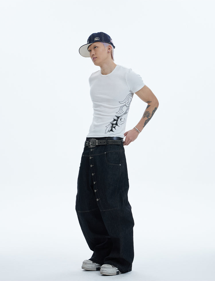 ASYMMETRIC BUTTON BAGGY DENIM