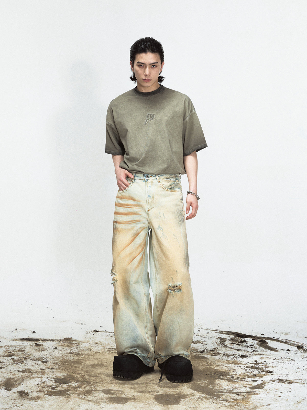 YELLOW MUD DYED WASHED DISTRESSED DENIM PANTS