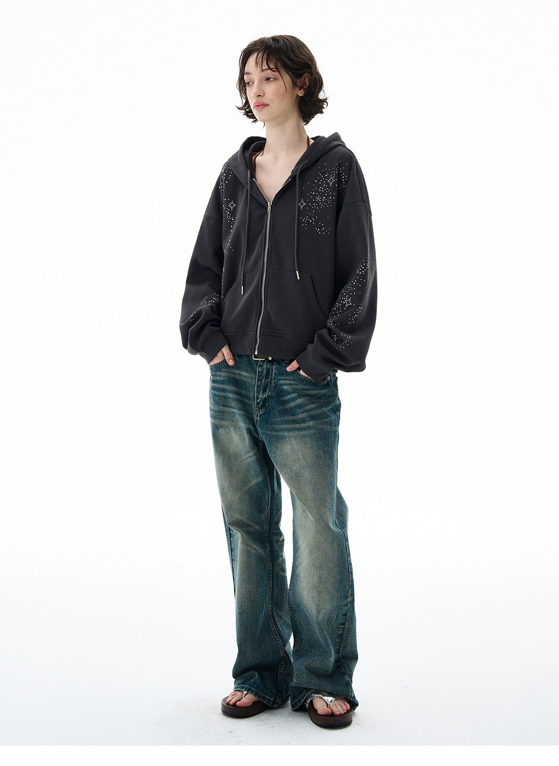 STARRY RHINESTONE ZIPPED HOODIE