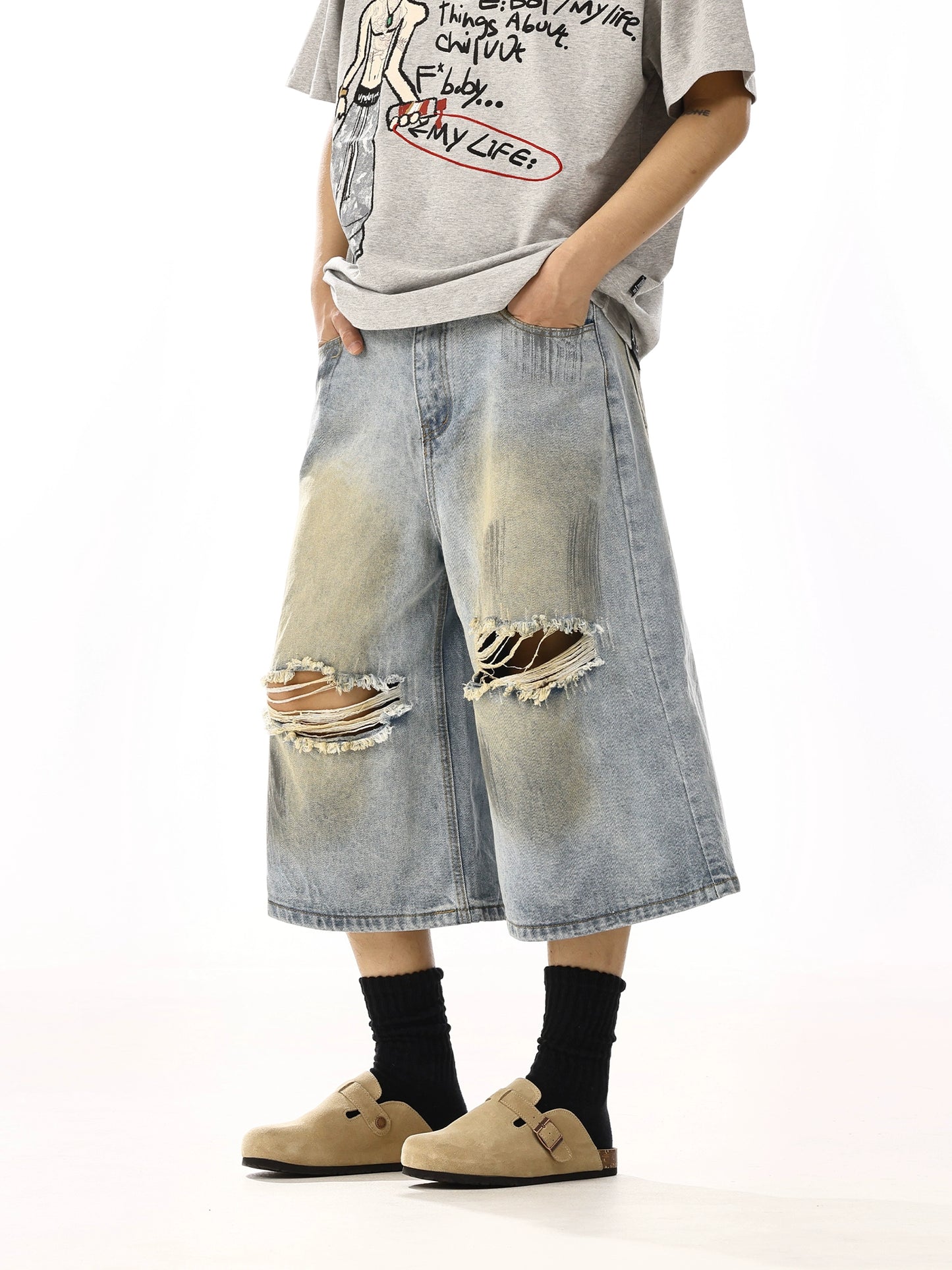 WASHED DAMAGE DENIM SHORTS
