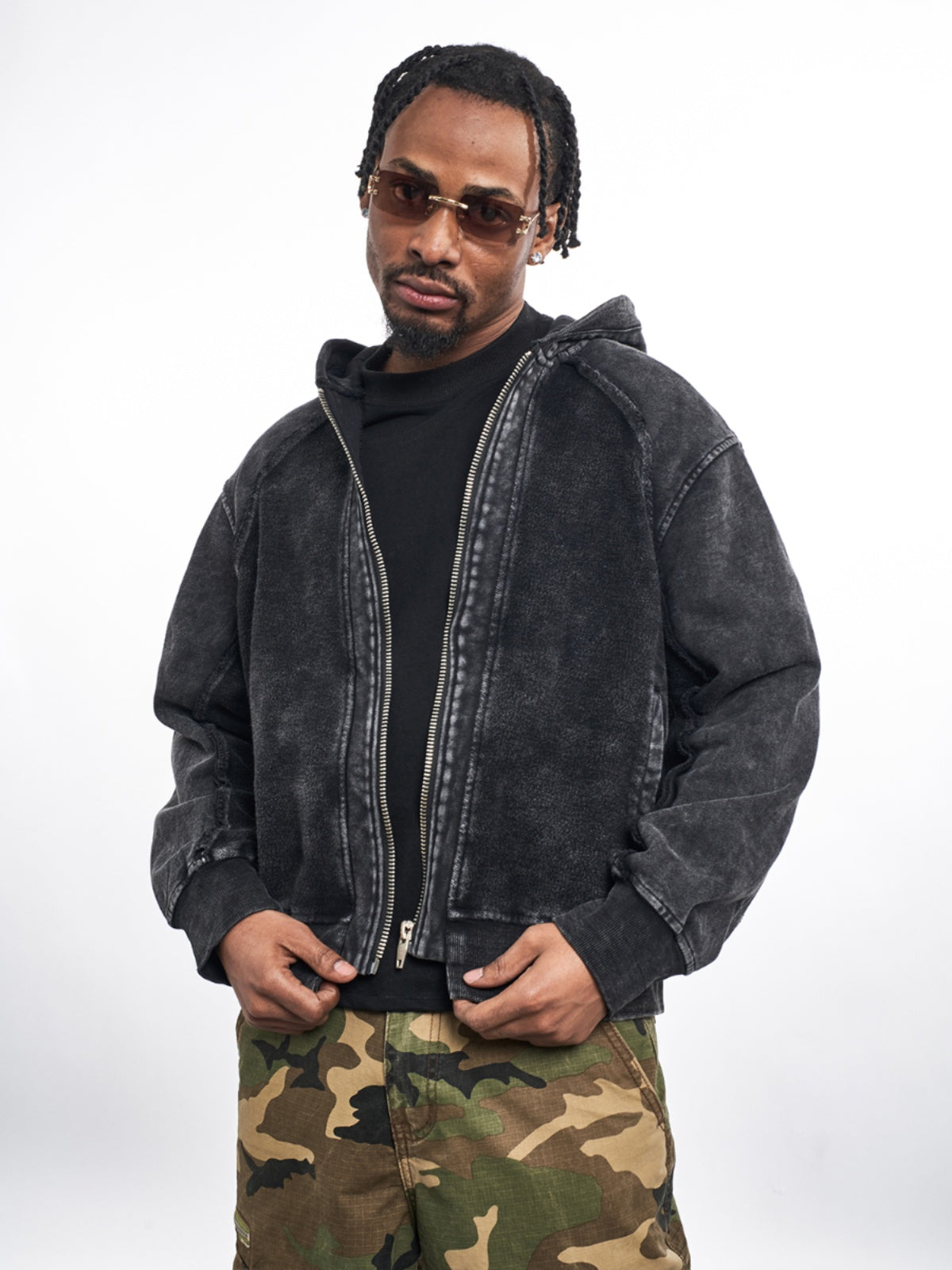 PATCHWORK WASH DISTRESSED ZIPPED HOODIE