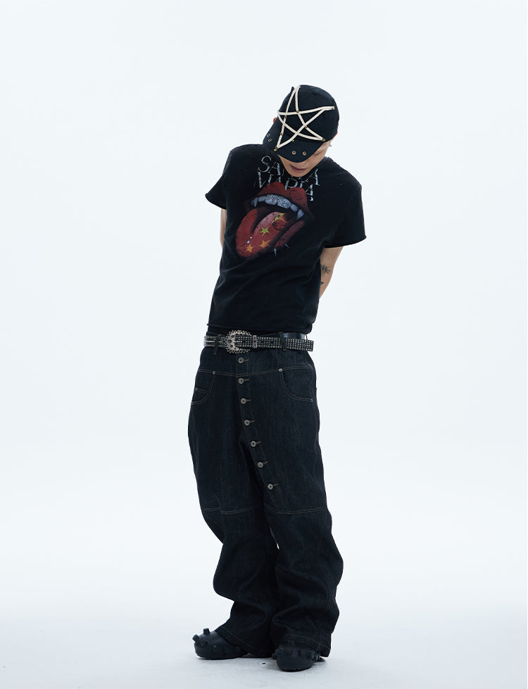 ASYMMETRIC BUTTON BAGGY DENIM