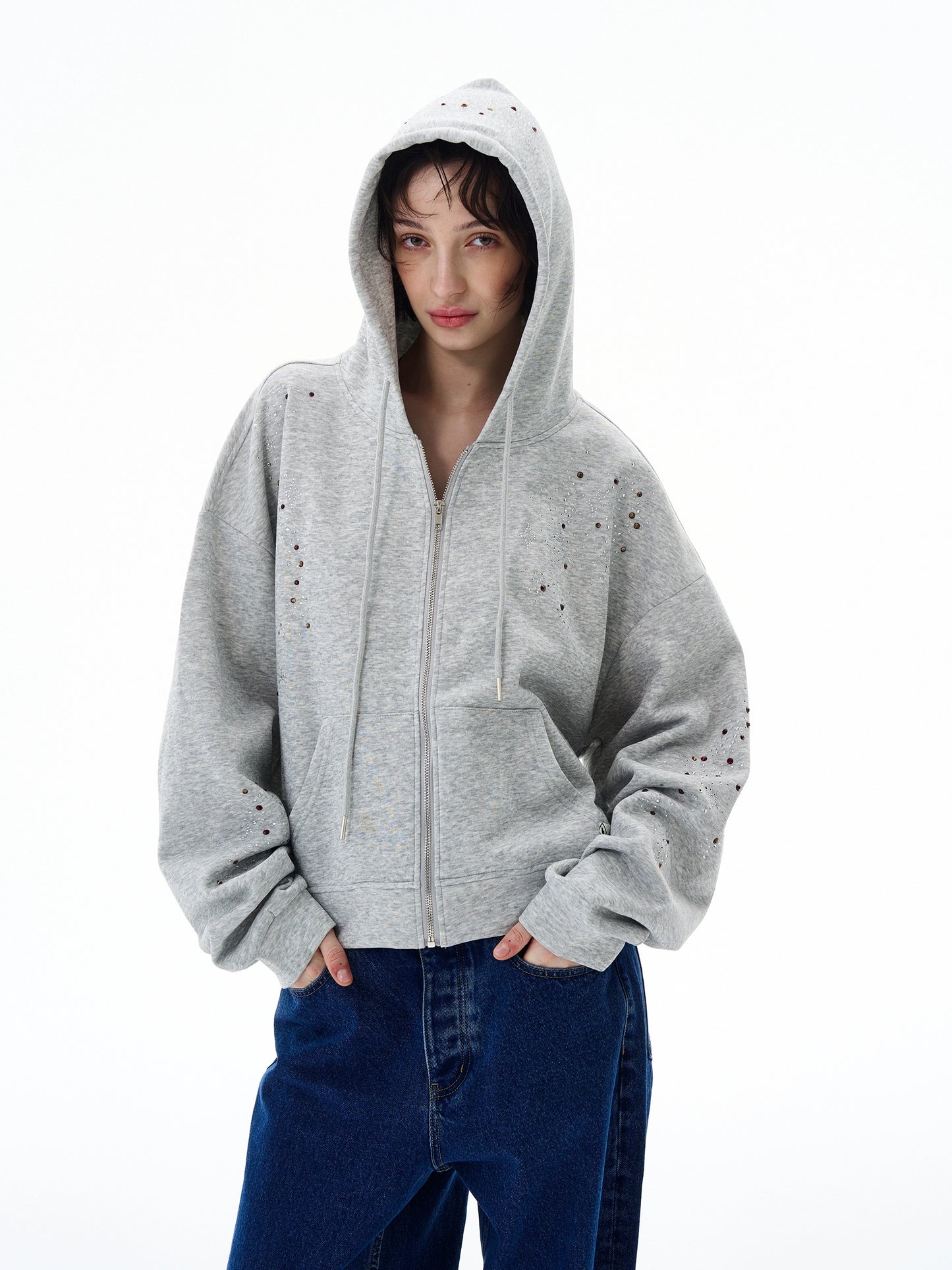 STARRY RHINESTONE ZIPPED HOODIE