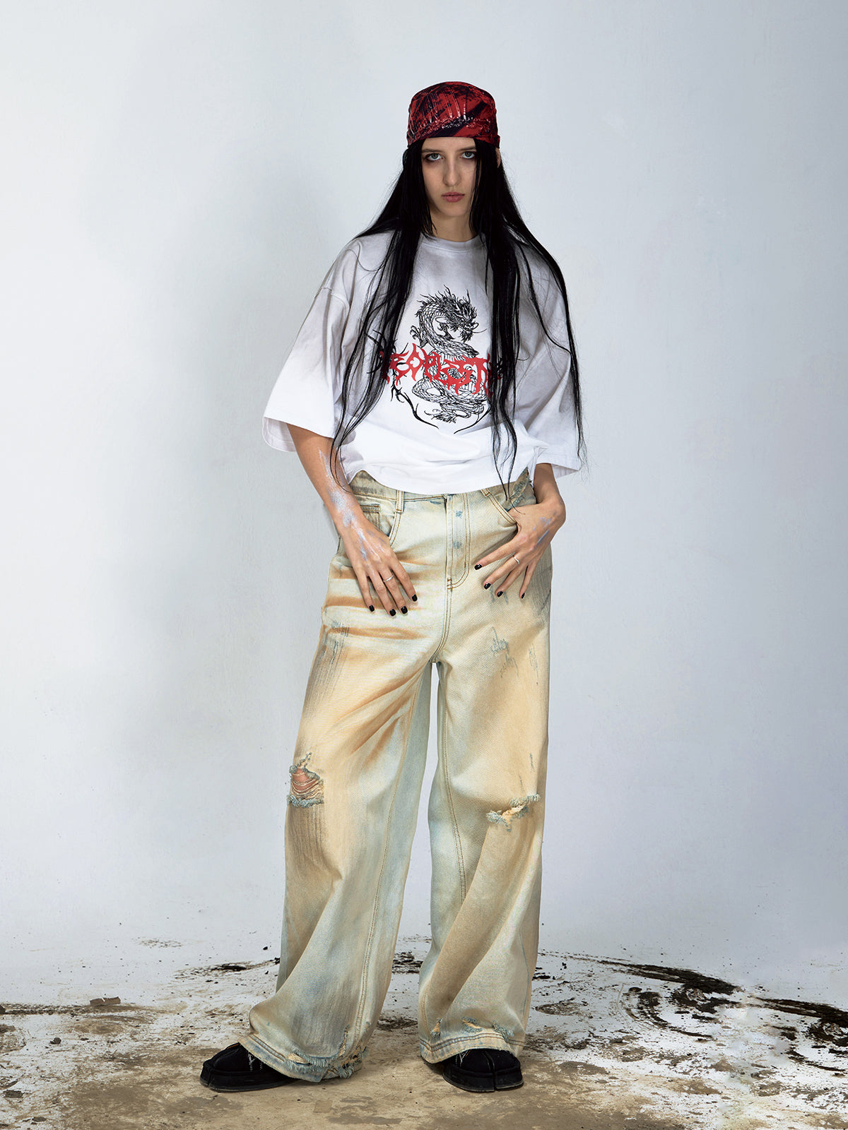 YELLOW MUD DYED WASHED DISTRESSED DENIM PANTS