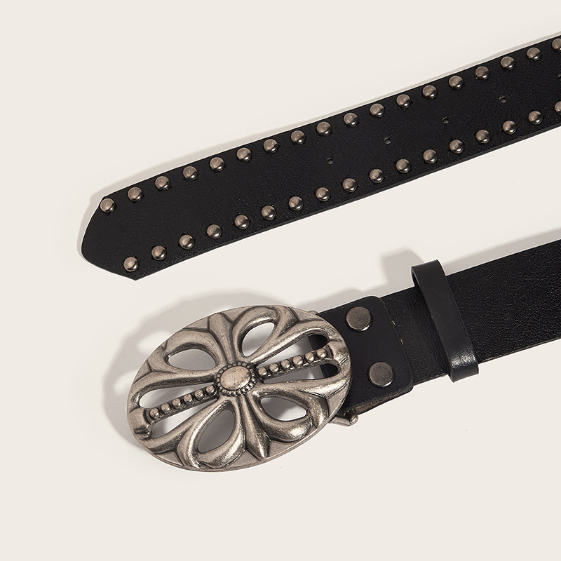 OVAL CROSS EMBOSSED BUCKLE STUD BELT