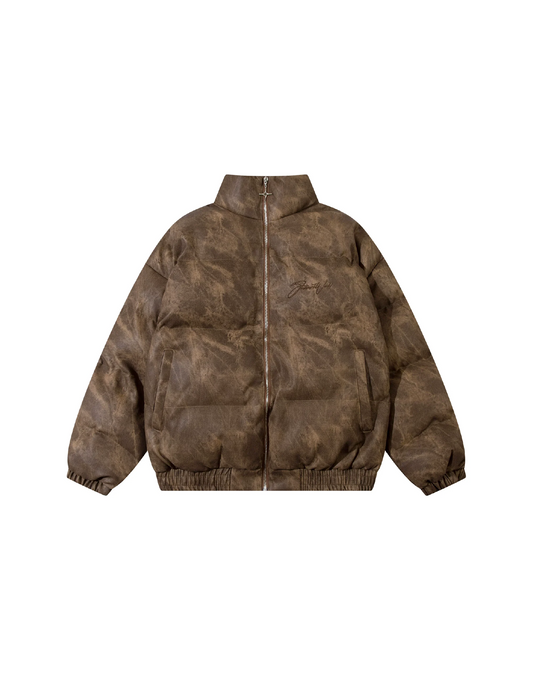 CAMOUFLAGE PU LEATHER PUFFER JACKET