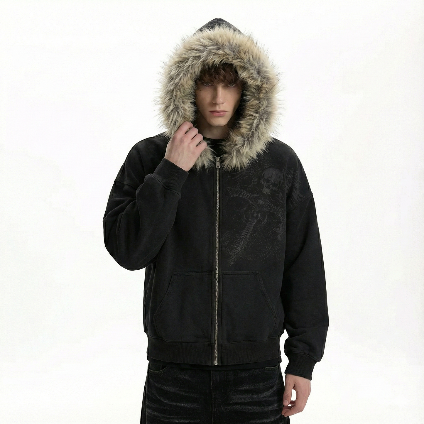 GRAPHIC FUR ZIPPED HOODIE