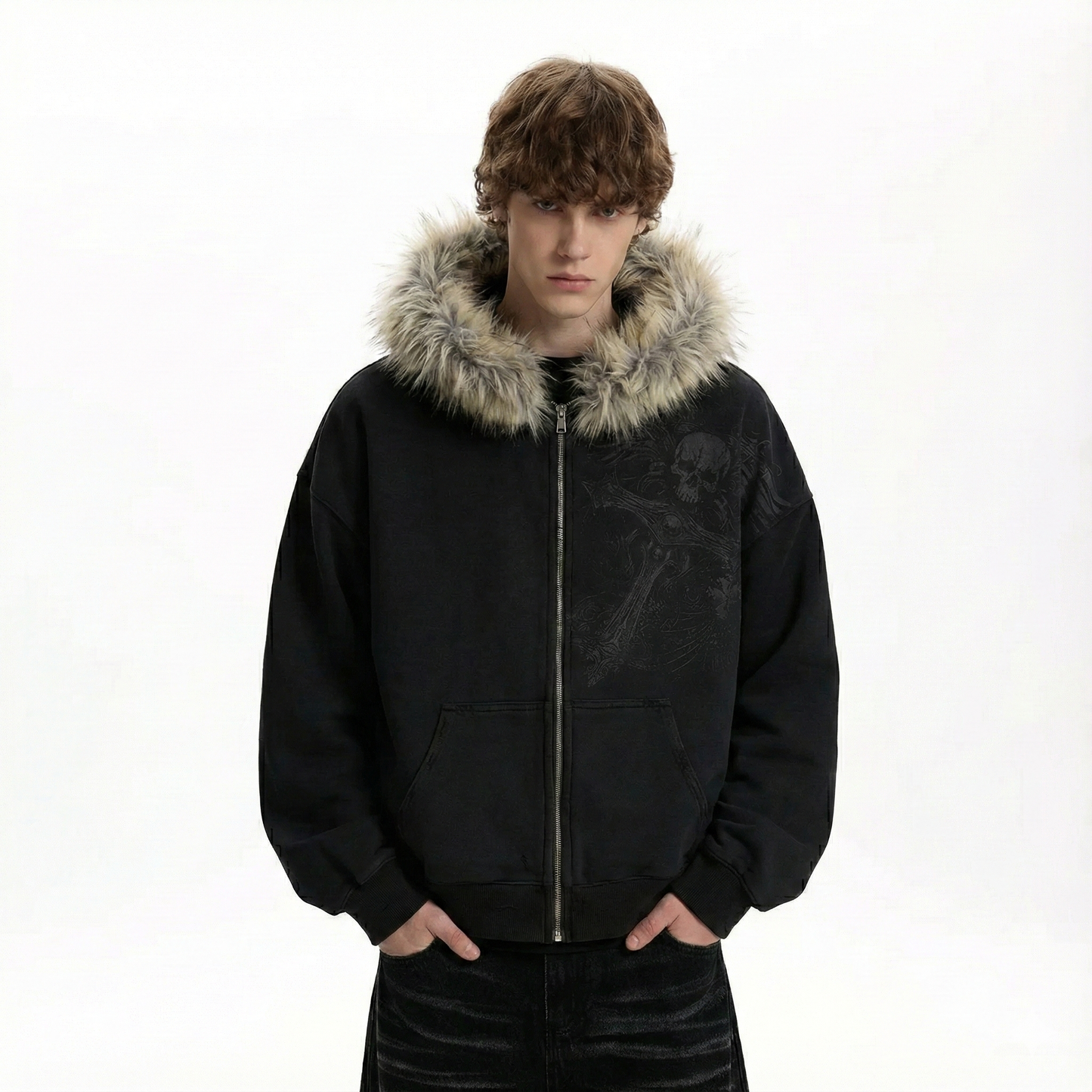 GRAPHIC FUR ZIPPED HOODIE