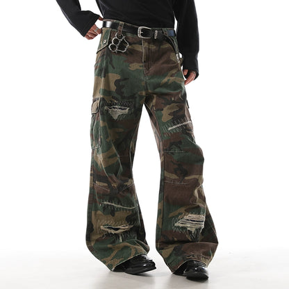 CAMO DESTROYED WIDE LEG PANTS