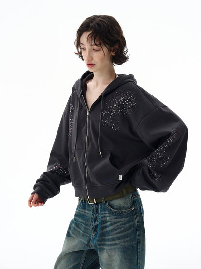 STARRY RHINESTONE ZIPPED HOODIE
