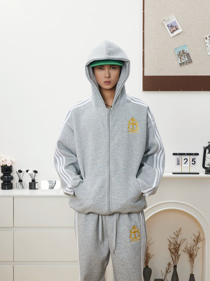 EMBROIDERY STRIPE ZIPPED HOODIE & SWEAT PANTS