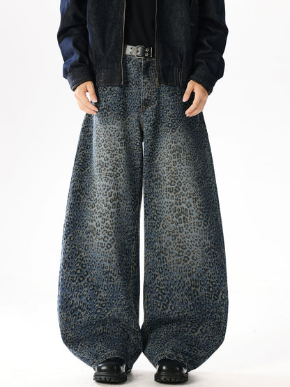 WASHED LEOPARD PRINT WIDE-LEG SCIMITAR JEANS