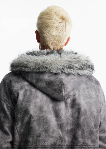 HEAVY SUEDE FUR HOODED BOMBER JACKET