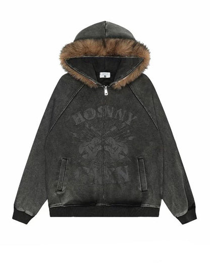 VINTAGE WASHED GRAPHIC FUR HOODED JACKET