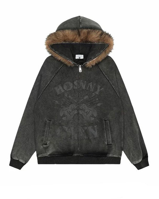 VINTAGE WASHED GRAPHIC FUR HOODED JACKET