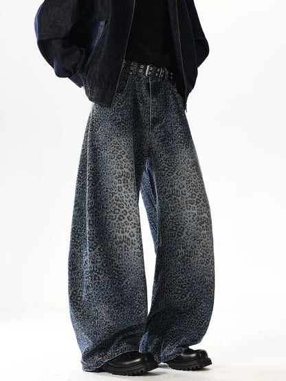 WASHED LEOPARD PRINT WIDE-LEG SCIMITAR JEANS