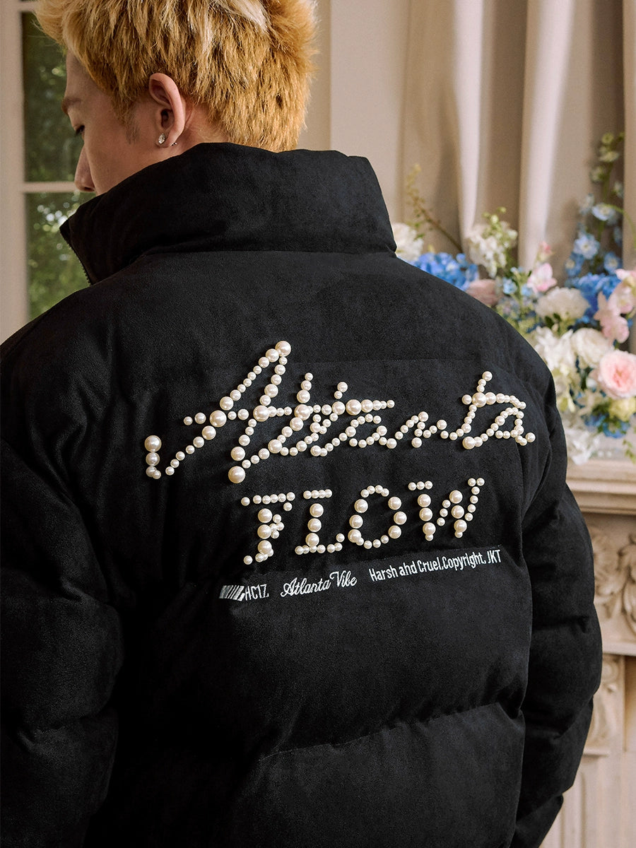 PEARL EMBROIDERED SUEDE PUFFER JACKET