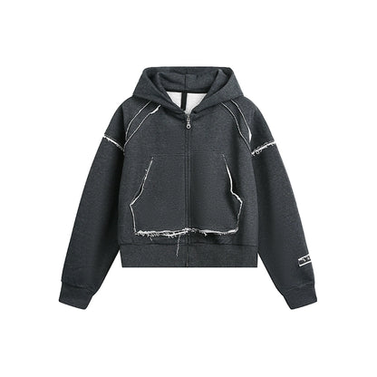 DISTRESSED CUT-OFF STITCH ZIP HOODIE