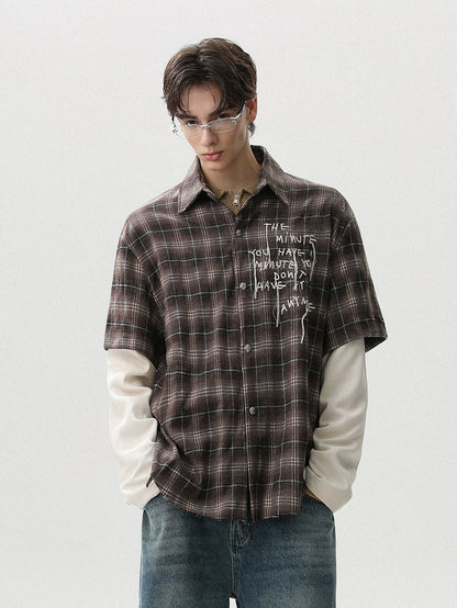 LAYERED CHECK GRAFFITI DAMAGE SHIRT