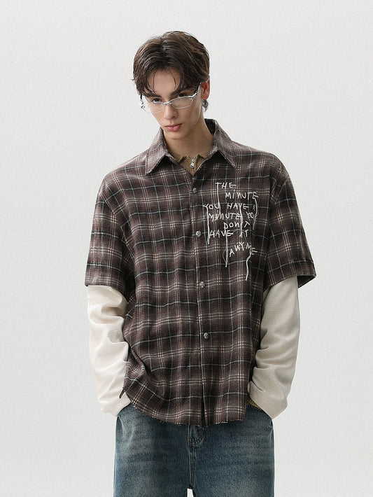 LAYERED CHECK GRAFFITI DAMAGE SHIRT