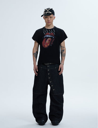 ASYMMETRIC BUTTON BAGGY DENIM