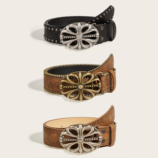 OVAL CROSS EMBOSSED BUCKLE STUD BELT