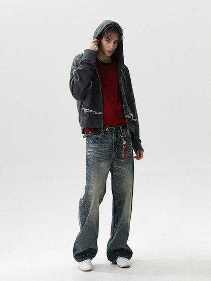 DISTRESSED CUT-OFF STITCH ZIP HOODIE