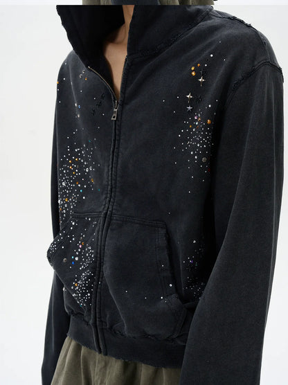 RHINESTONE DAMAGED ZIPPED HOODIE