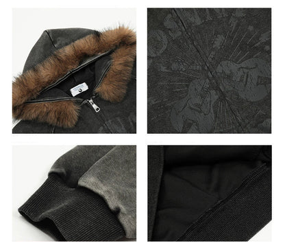 VINTAGE WASHED GRAPHIC FUR HOODED JACKET