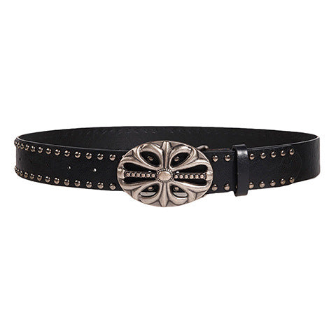 OVAL CROSS EMBOSSED BUCKLE STUD BELT