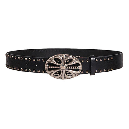 OVAL CROSS EMBOSSED BUCKLE STUD BELT