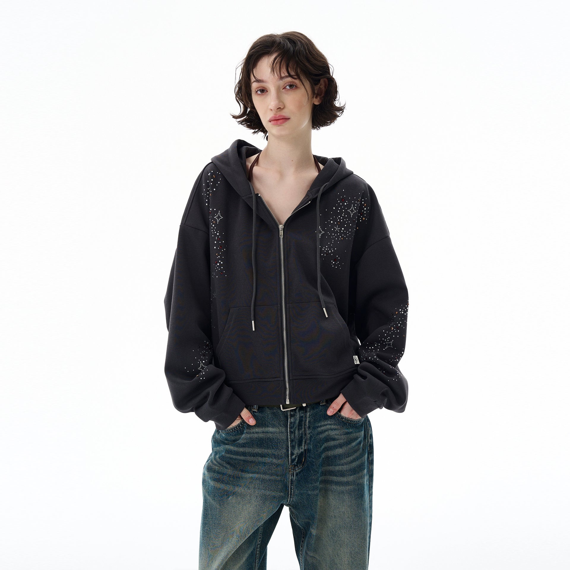 G.E.E.K RHINESTONE DAMAGED ZIPPED HOODIE Cheap Monday zip front