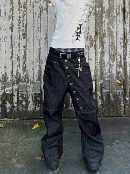 ASYMMETRIC BUTTON BAGGY DENIM