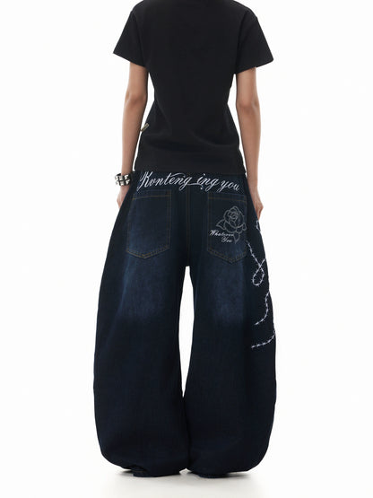 BACK PRINT LIGHTNING WASH DISTRESSED BAGGY DENIM PANTS