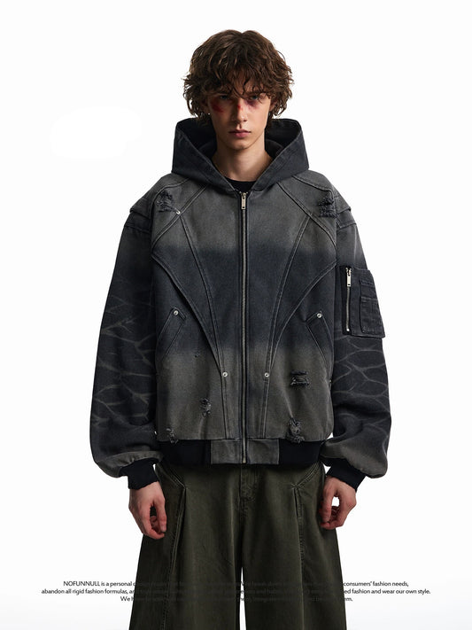 WASHED DAMAGE DISTRESSED WORK HOODED JCKET