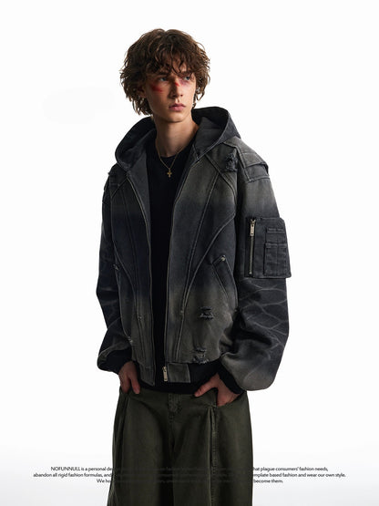 WASHED DAMAGE DISTRESSED WORK HOODED JCKET