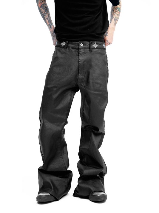 COATED BLACK DENIM FLARE TROUSERS