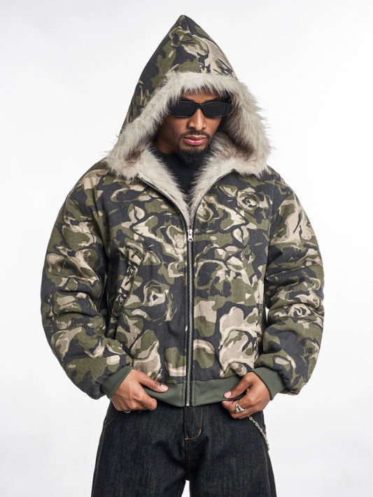 CAMOUFLAGE FUR ZIP HOODED JACKET