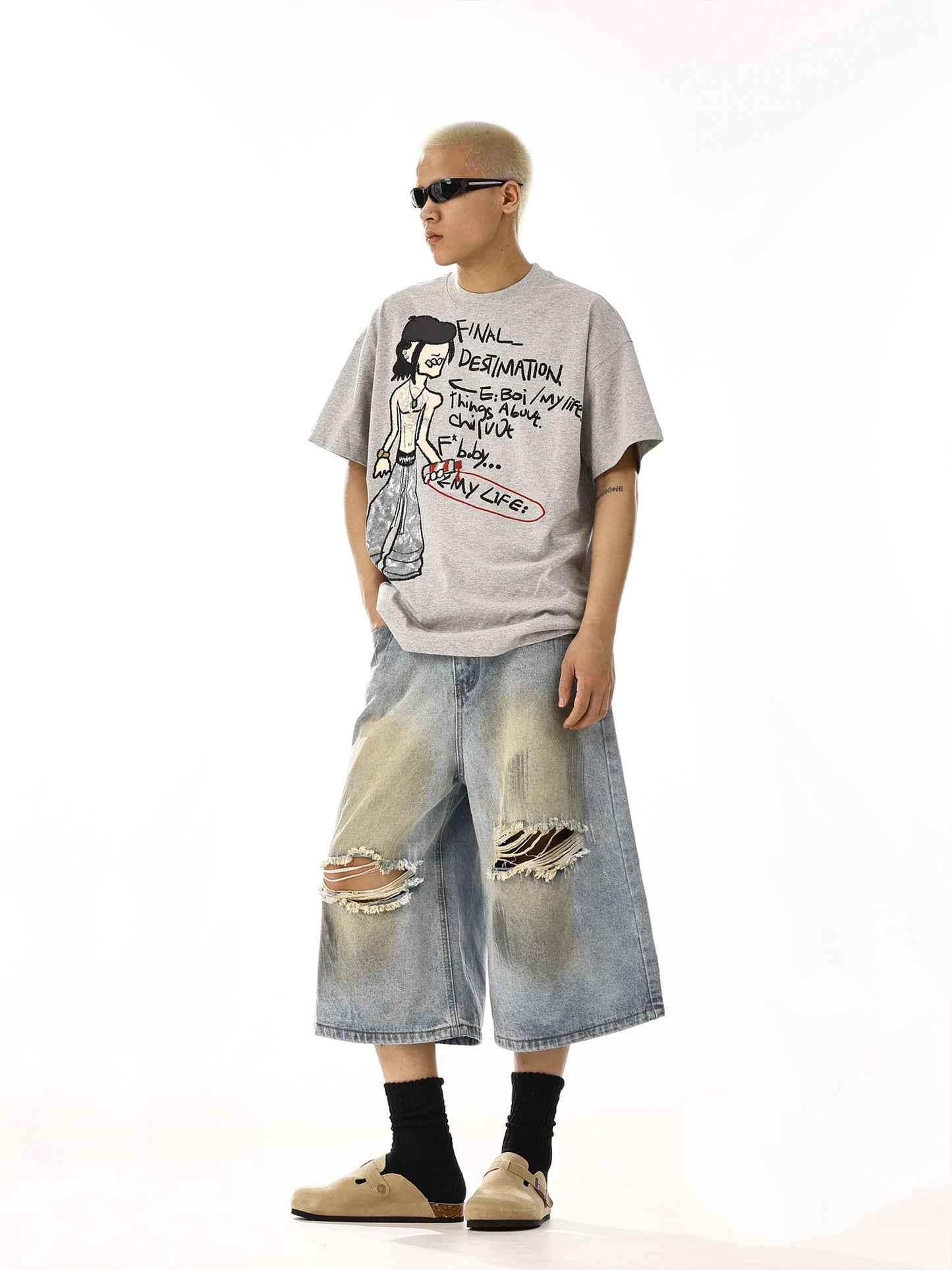 WASHED DAMAGE DENIM SHORTS