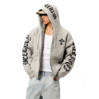 CROSS EMBROIDERY KNIT HOODIE