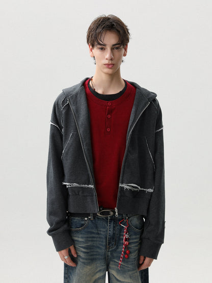 DISTRESSED CUT-OFF STITCH ZIP HOODIE