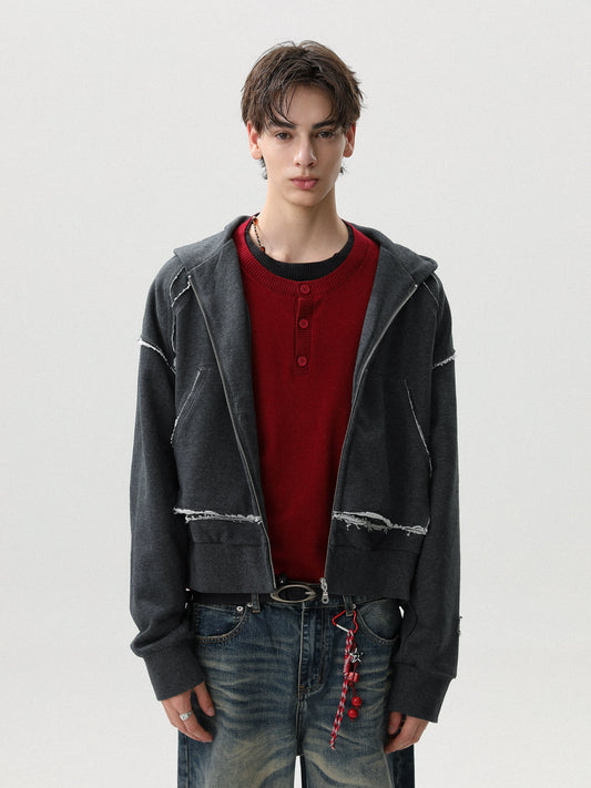 DISTRESSED CUT-OFF STITCH ZIP HOODIE