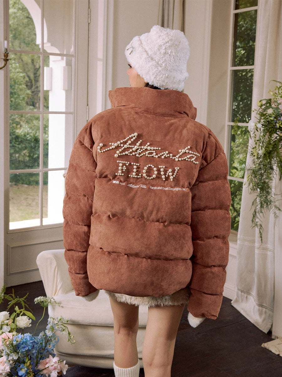 PEARL EMBROIDERED SUEDE PUFFER JACKET