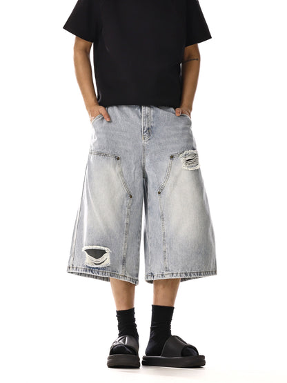 DOUBLE KNEE DAMAGE DENIM SHORTS