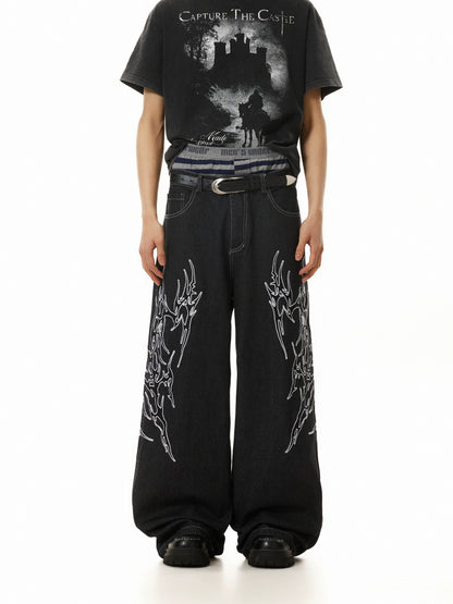 FIRE PATTERN EMBROIDERY BAGGY DENIM