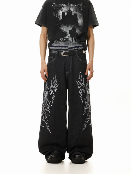 FIRE PATTERN EMBROIDERY BAGGY DENIM