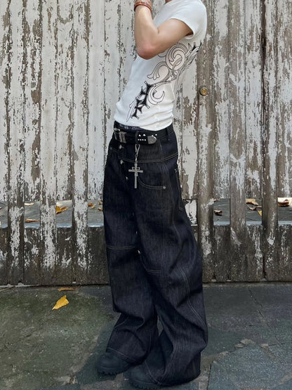 ASYMMETRIC BUTTON BAGGY DENIM