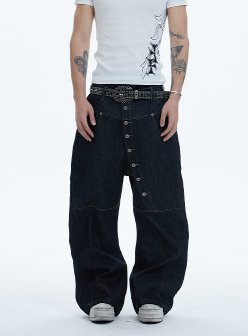 【10日以内お届け】ASYMMETRIC BUTTON BAGGY DENIM