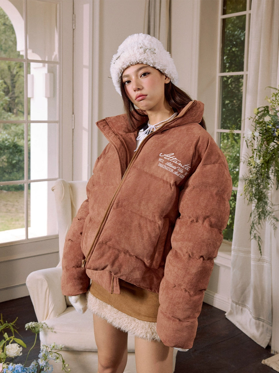 PEARL EMBROIDERED SUEDE PUFFER JACKET