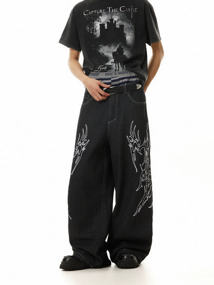 FIRE PATTERN EMBROIDERY BAGGY DENIM
